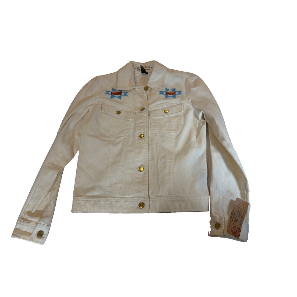 NWT Lauren Ralph Lauren St Tropez White Denim Jacket M Southwestern Embroidery